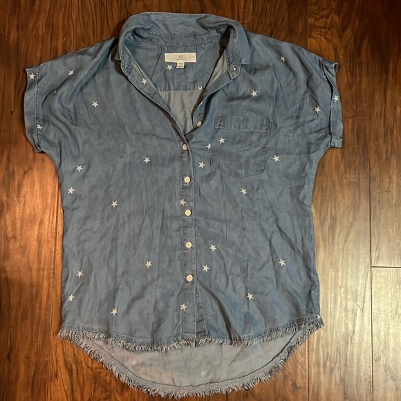 Thread & Supply Tops - Denim Short Sleeve Shirt With Stars And Fringe At Bottom